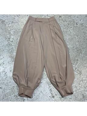 Minimalist Champagne Nude Pleated Satin Balloon Harem Trousers